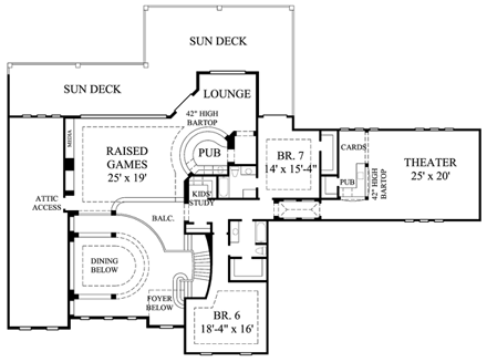 House Plan 61890 with 7 Beds, 7 Baths, 4 Car Garage Second Level Plan