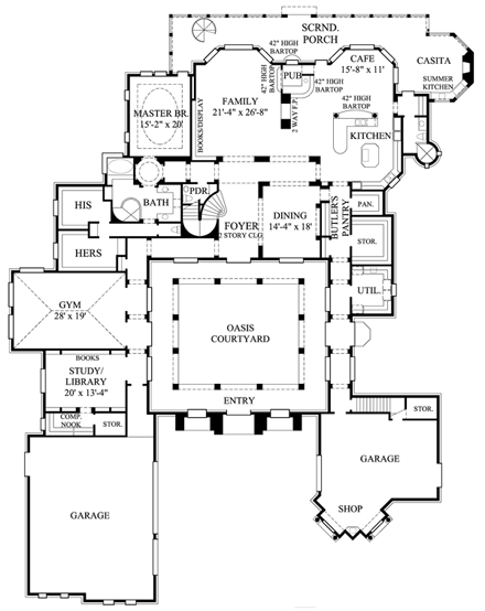 Mediterranean House Plan 61891 with 3 Beds, 4 Baths, 5 Car Garage First Level Plan