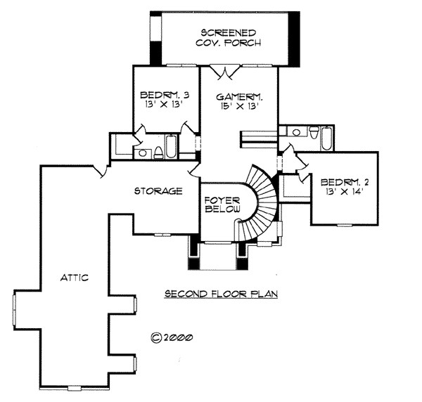 Tudor House Plan 61892 with 3 Beds, 4 Baths, 2 Car Garage Level Two