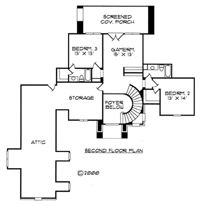 Tudor House Plan 61892 with 3 Beds, 4 Baths, 2 Car Garage Second Level Plan