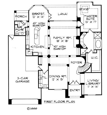 Florida House Plan 61893 with 4 Beds, 4 Baths, 3 Car Garage First Level Plan