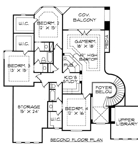 Florida House Plan 61893 with 4 Beds, 4 Baths, 3 Car Garage Second Level Plan