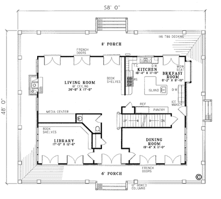 Colonial, Southern House Plan 62012 with 3 Beds, 5 Baths, 2 Car Garage First Level Plan