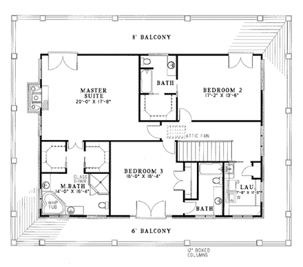 Colonial, Southern House Plan 62012 with 3 Beds, 5 Baths, 2 Car Garage Second Level Plan