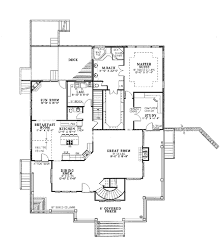 Country, Farmhouse, Southern House Plan 62015 with 3 Beds, 4 Baths, 3 Car Garage First Level Plan