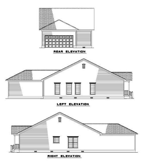 Bungalow, Colonial, Country, Ranch, Southern Plan with 1260 Sq. Ft., 3 Bedrooms, 2 Bathrooms, 2 Car Garage Rear Elevation