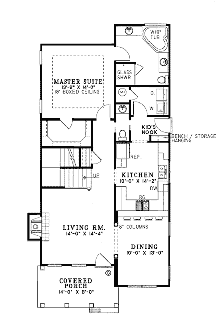 Colonial, Narrow Lot, Southern House Plan 62028 with 3 Beds, 3 Baths, 2 Car Garage First Level Plan