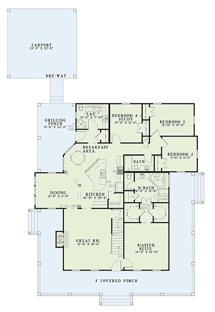 Country, Farmhouse, Southern House Plan 62032 with 4 Beds, 3 Baths, 2 Car Garage First Level Plan