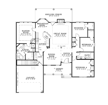 Traditional House Plan 62037 with 4 Beds, 2 Baths, 2 Car Garage First Level Plan