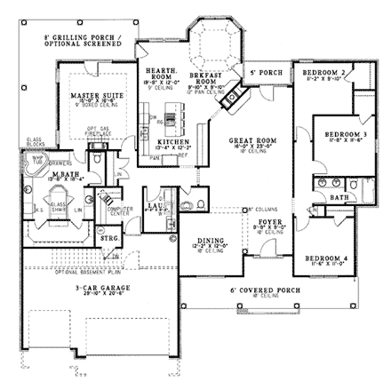 European, One-Story House Plan 62042 with 4 Beds, 3 Baths, 3 Car Garage First Level Plan