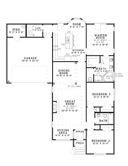 Traditional House Plan 62048 with 3 Beds, 2 Baths First Level Plan