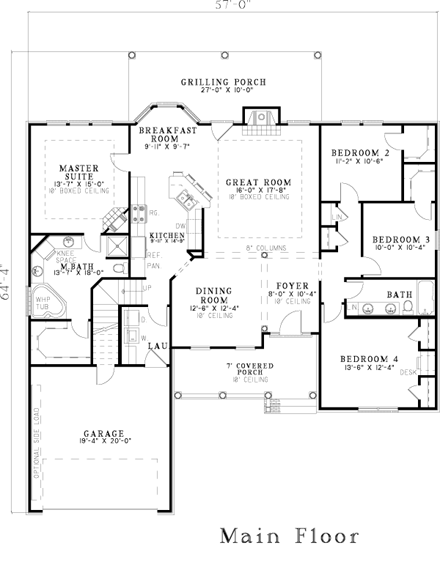 Traditional House Plan 62056 with 4 Beds, 2 Baths, 2 Car Garage First Level Plan