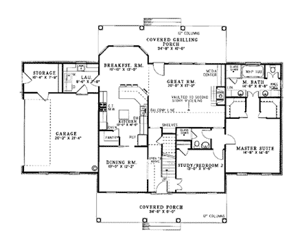 Colonial, Country, Southern House Plan 62072 with 4 Beds, 3 Baths, 2 Car Garage First Level Plan