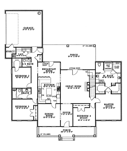 Country, Southern House Plan 62074 with 4 Beds, 3 Baths, 2 Car Garage First Level Plan