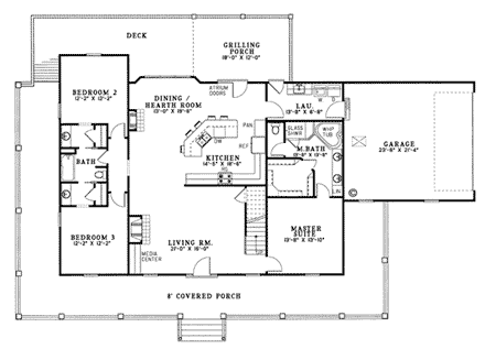 Country, Southern House Plan 62077 with 3 Beds, 2 Baths, 2 Car Garage First Level Plan