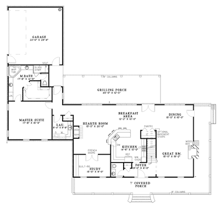 Country, Southern House Plan 62094 with 3 Beds, 3 Baths, 2 Car Garage First Level Plan