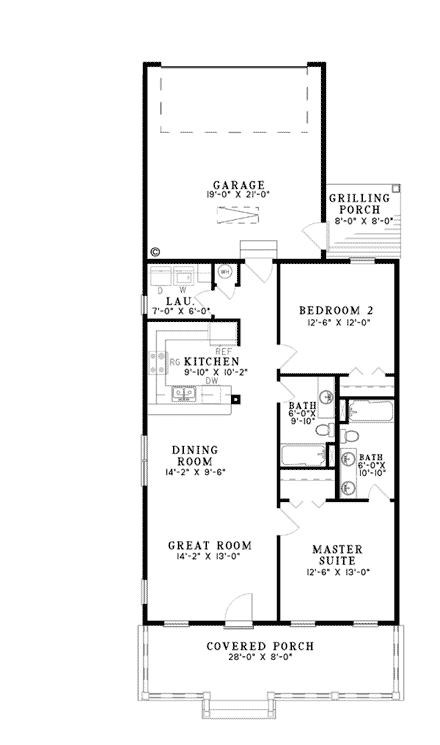 Country, Southern House Plan 62096 with 2 Beds, 2 Baths, 2 Car Garage First Level Plan