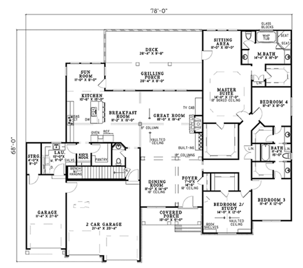 Bungalow, Country House Plan 62113 with 5 Beds, 4 Baths, 3 Car Garage First Level Plan