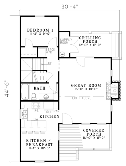 Cabin, Country, Southern House Plan 62114 with 2 Beds, 2 Baths First Level Plan