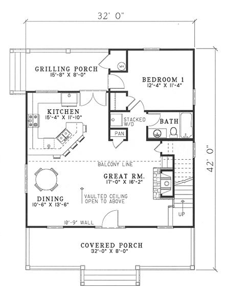 Cabin, Country, Southern House Plan 62118 with 2 Beds, 2 Baths First Level Plan