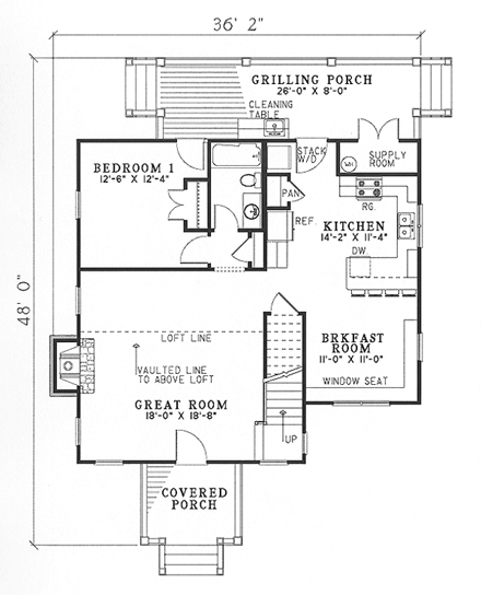 Bungalow, Cabin, Cottage, Southern House Plan 62119 with 2 Beds, 2 Baths First Level Plan