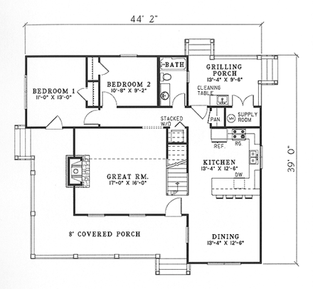 Bungalow, Country, Southern House Plan 62120 with 4 Beds, 2 Baths First Level Plan