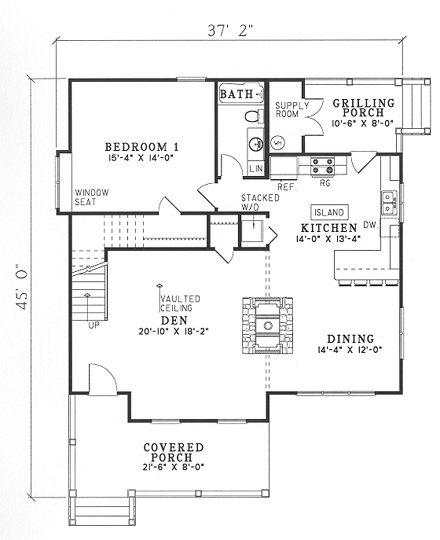 Bungalow, Country, Southern House Plan 62121 with 2 Beds, 2 Baths First Level Plan