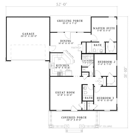 Bungalow, One-Story, Traditional House Plan 62129 with 3 Beds, 2 Baths, 2 Car Garage First Level Plan