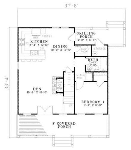 Bungalow, Cabin, Country, Southern House Plan 62131 with 3 Beds, 2 Baths First Level Plan