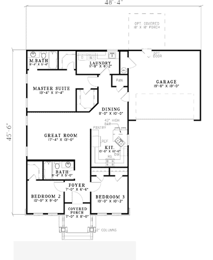 Bungalow, One-Story, Southern House Plan 62141 with 3 Beds, 2 Baths, 2 Car Garage First Level Plan