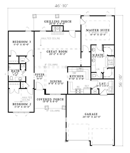 Bungalow, Country, Craftsman, Tudor House Plan 62143 with 3 Beds, 2 Baths, 2 Car Garage First Level Plan