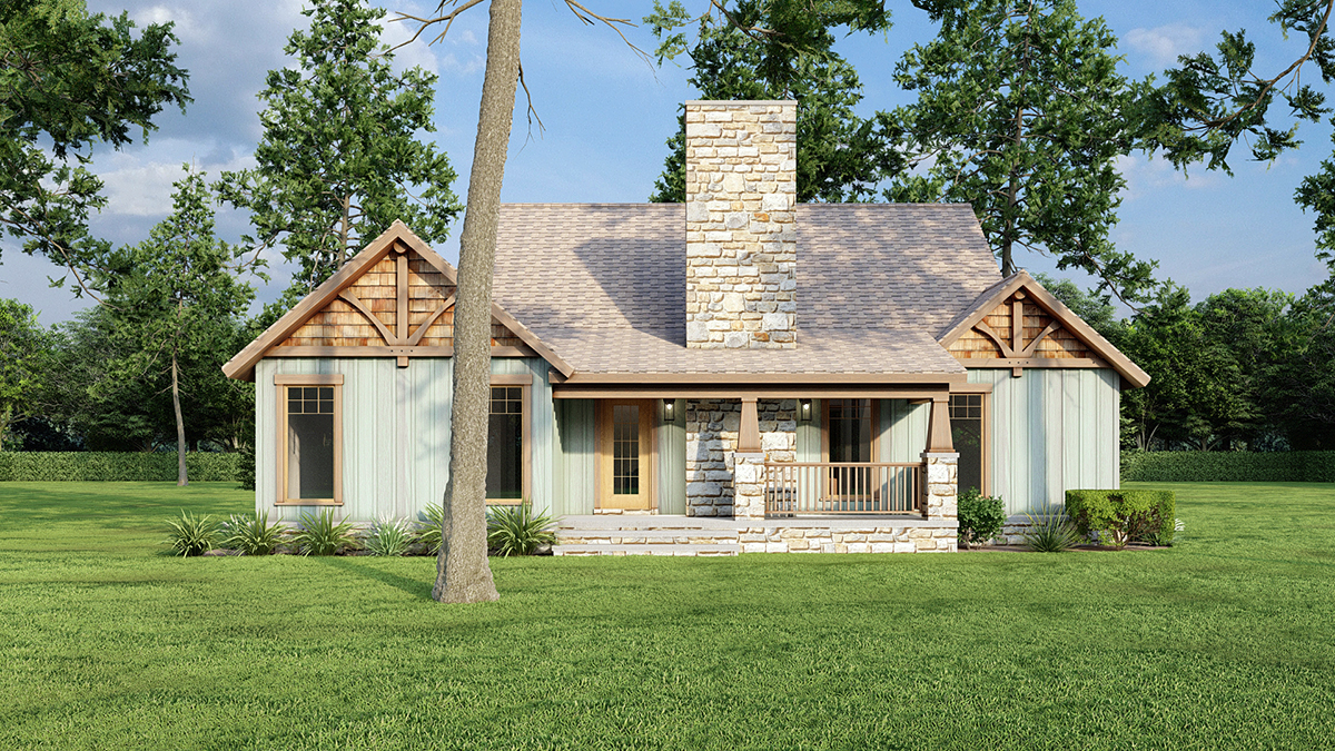 Bungalow, Country, Craftsman, Tudor Plan with 1485 Sq. Ft., 3 Bedrooms, 2 Bathrooms, 2 Car Garage Rear Elevation