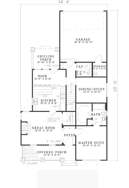Bungalow, Country, Southern House Plan 62144 with 3 Beds, 2 Baths, 2 Car Garage First Level Plan