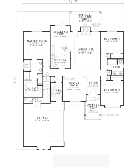 Bungalow, Country, Craftsman, One-Story House Plan 62145 with 3 Beds, 2 Baths, 2 Car Garage First Level Plan