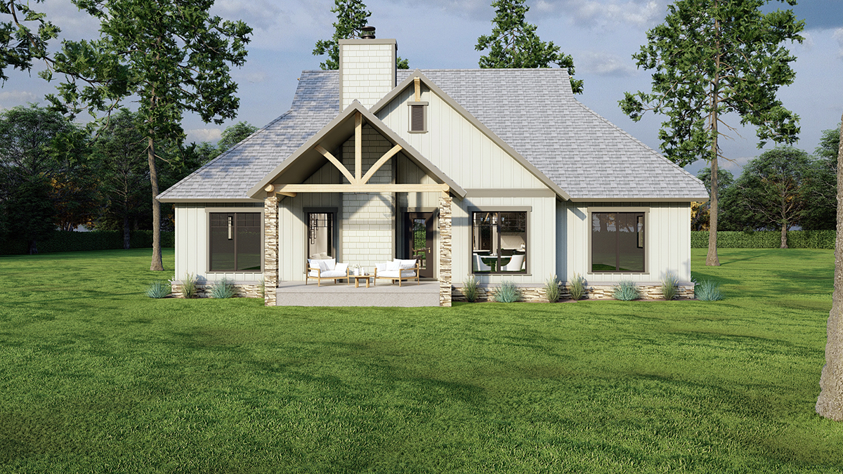 Bungalow, Country, Craftsman, One-Story Plan with 1874 Sq. Ft., 3 Bedrooms, 2 Bathrooms, 2 Car Garage Rear Elevation