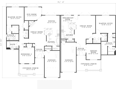 Bungalow, Country Multi-Family Plan 62146 with 3 Beds, 4 Baths, 2 Car Garage First Level Plan
