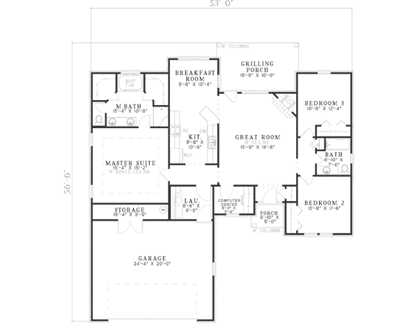 One-Story, Traditional House Plan 62159 with 3 Beds, 2 Baths, 2 Car Garage Level One