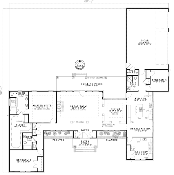 European, One-Story, Traditional House Plan 62161 with 3 Beds, 3 Baths, 3 Car Garage Level One