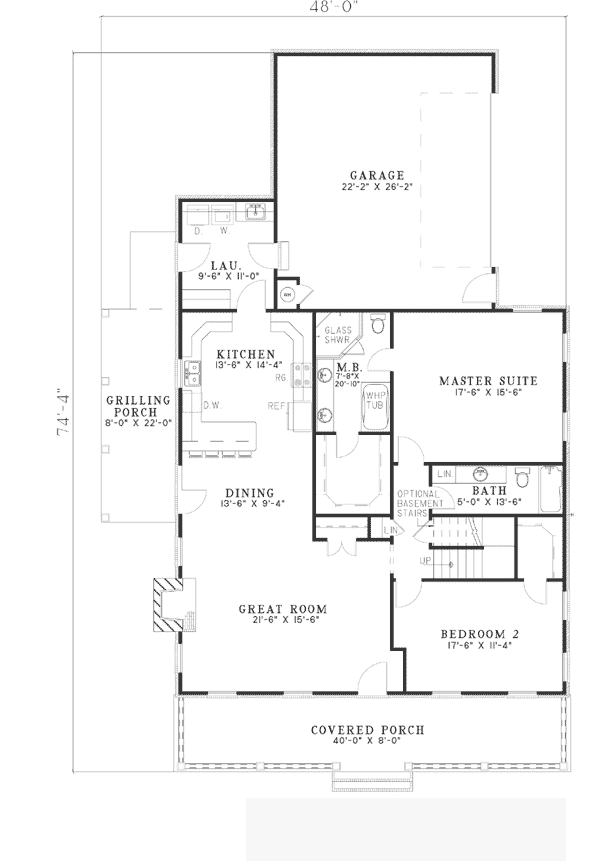 Country, Southern House Plan 62163 with 2 Beds, 2 Baths, 2 Car Garage Level One