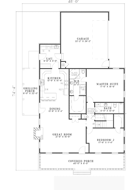Country, Southern House Plan 62163 with 2 Beds, 2 Baths, 2 Car Garage First Level Plan