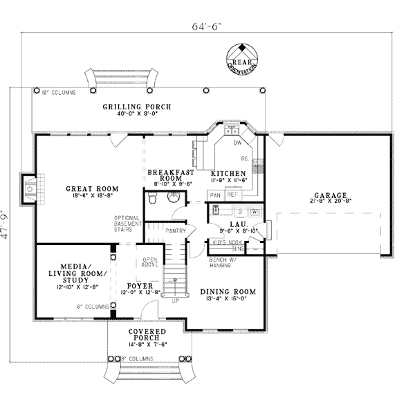European House Plan 62165 with 4 Beds, 3 Baths, 2 Car Garage Level One