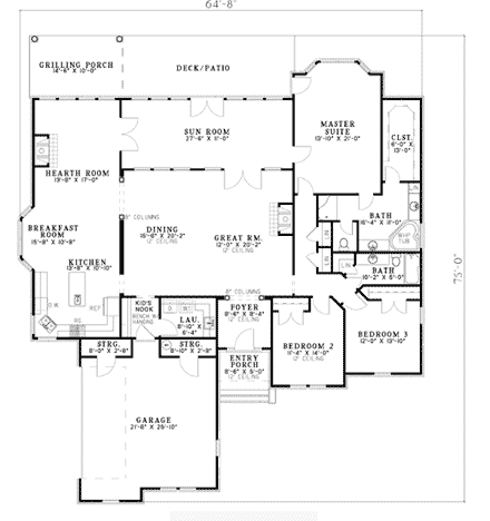 European, Traditional House Plan 62166 with 3 Beds, 2 Baths, 2 Car Garage First Level Plan
