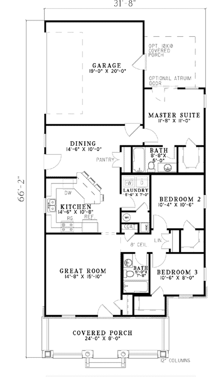 Bungalow, Narrow Lot, One-Story House Plan 62176 with 3 Beds, 2 Baths, 2 Car Garage First Level Plan
