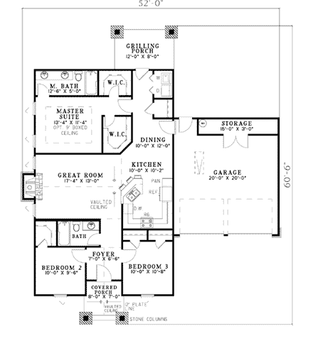 Bungalow, Cabin, Country, Craftsman, One-Story House Plan 62181 with 3 Beds, 2 Baths, 2 Car Garage First Level Plan