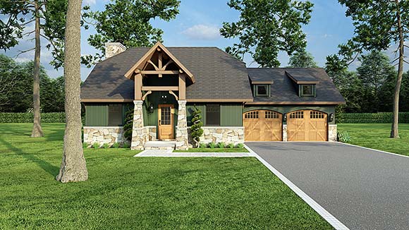 Bungalow, Cabin, Country, Craftsman, One-Story House Plan 62181 with 3 Beds, 2 Baths, 2 Car Garage Elevation
