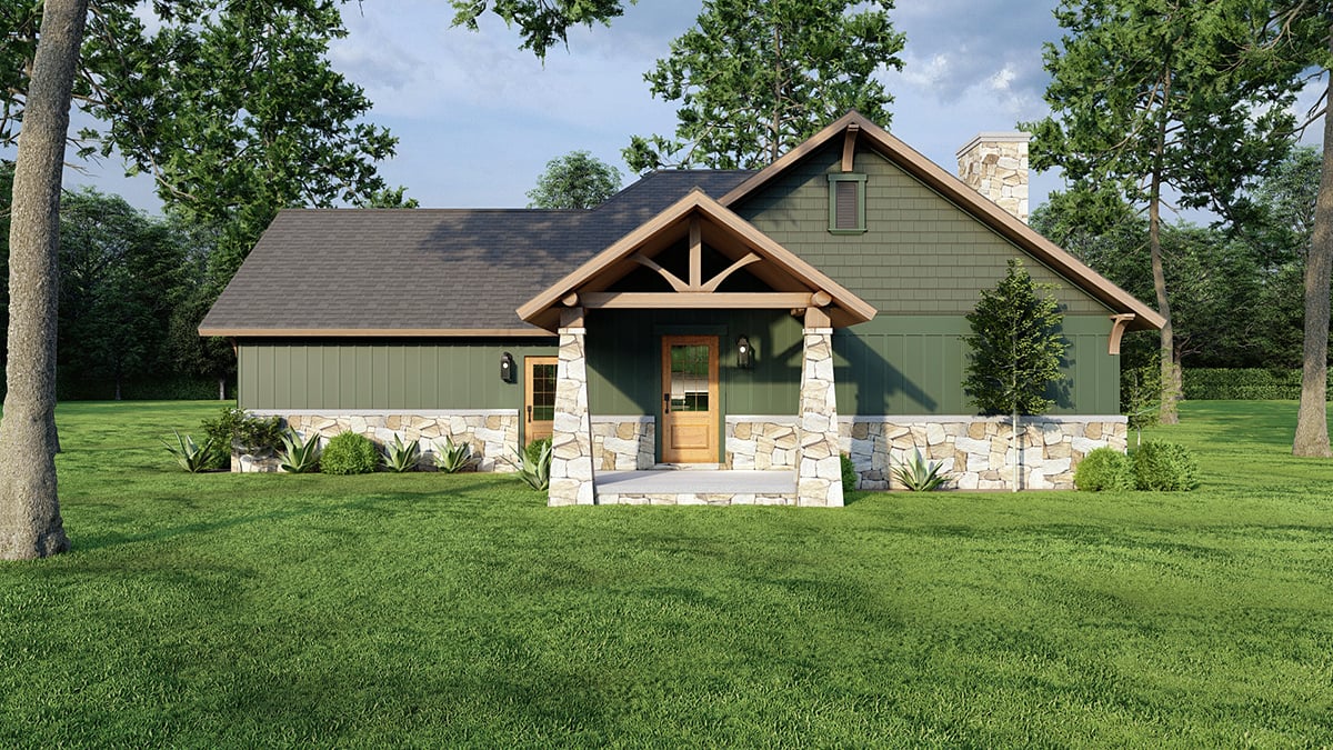 Bungalow, Cabin, Country, Craftsman, One-Story Plan with 1282 Sq. Ft., 3 Bedrooms, 2 Bathrooms, 2 Car Garage Rear Elevation