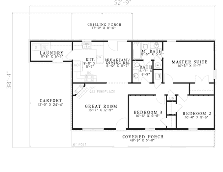 Cabin, Country, One-Story, Ranch, Traditional House Plan 62193 with 3 Beds, 2 Baths, 1 Car Garage First Level Plan