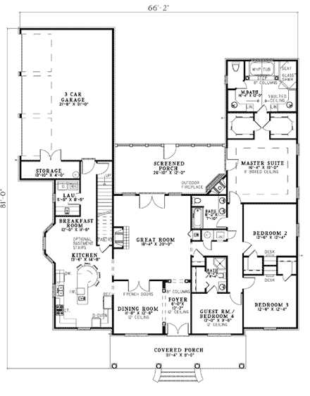 Colonial, Southern House Plan 62195 with 4 Beds, 3 Baths, 3 Car Garage First Level Plan