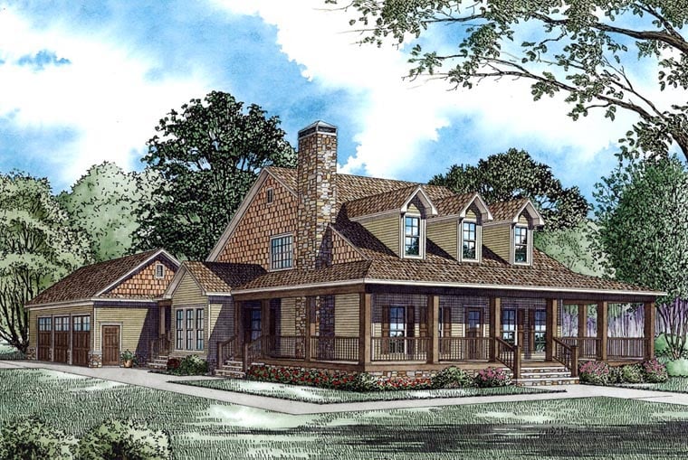 Country, Farmhouse House Plan 62207 with 4 Beds, 3 Baths, 3 Car Garage Elevation