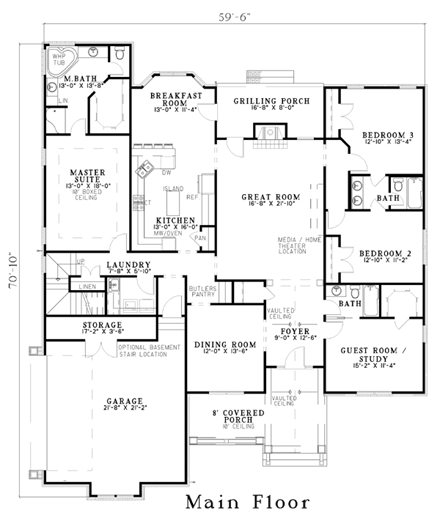 Craftsman, Traditional House Plan 62249 with 5 Beds, 4 Baths, 2 Car Garage First Level Plan